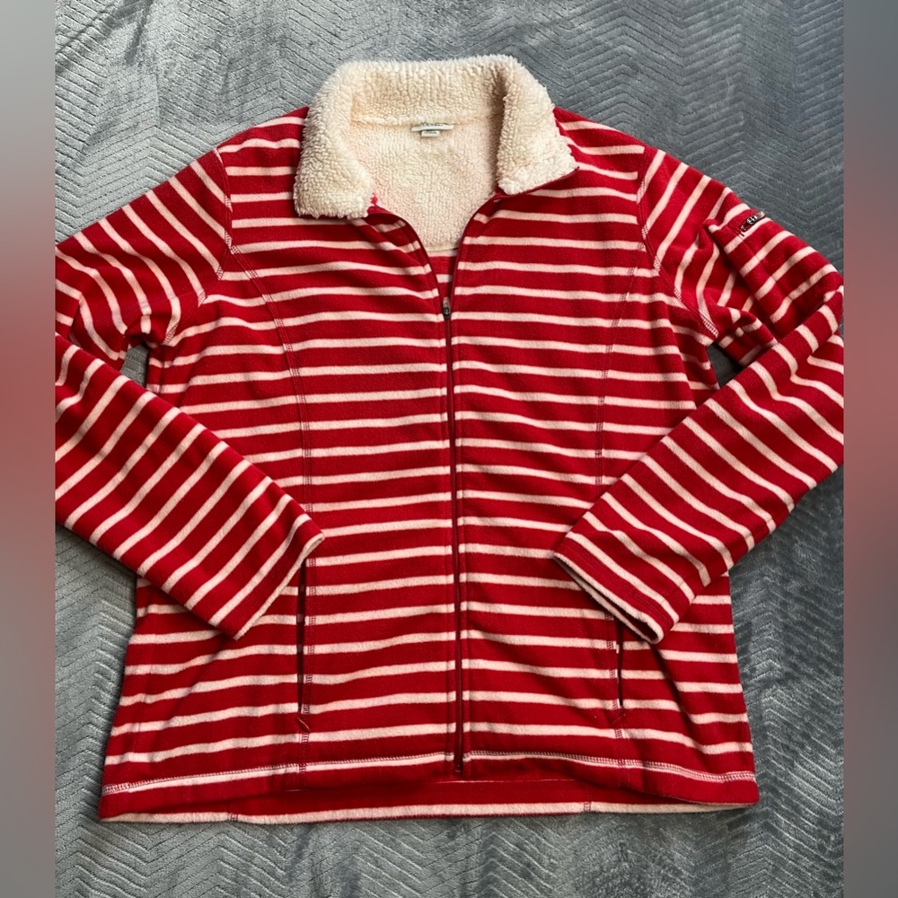 LL Bean Fleece Jacket Full Zip Red White Stripe Full Zip Women’s Large Reg